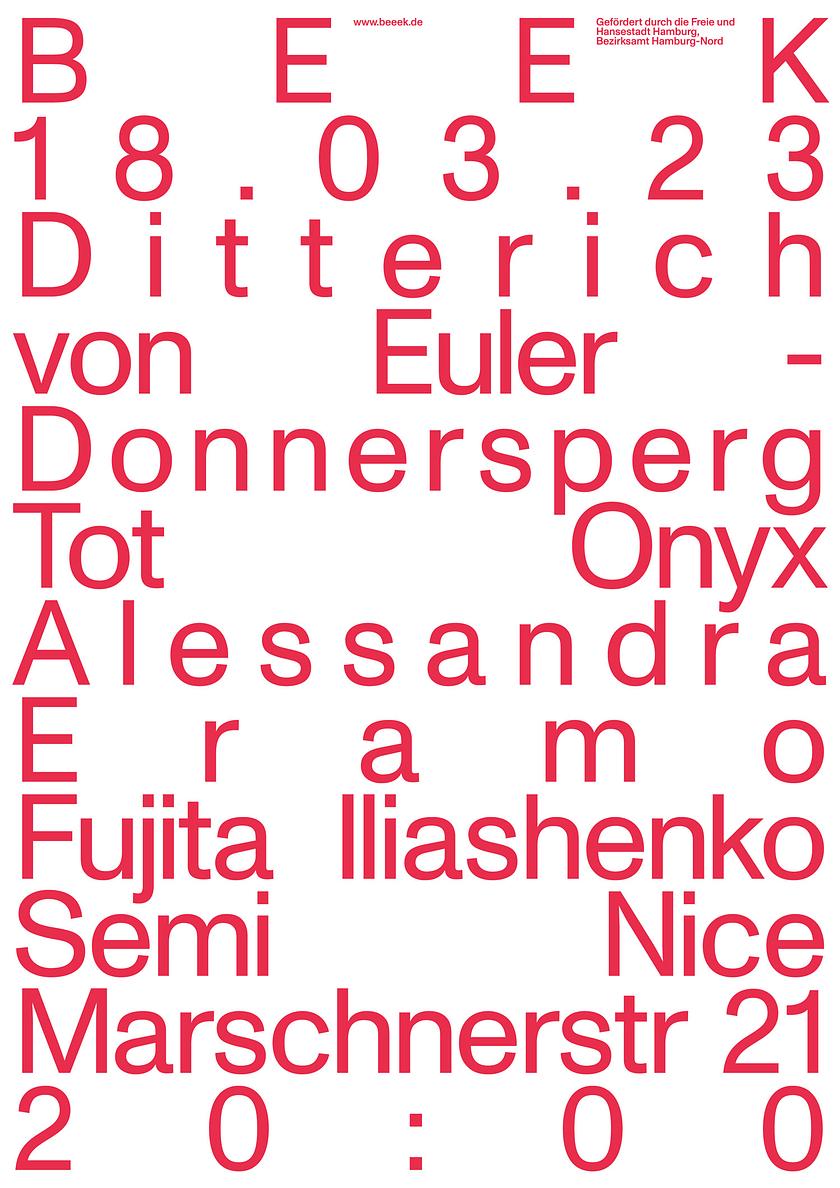 BEEK w/ Junya Fujita, Alexander Iliashenko, Alessandra Eramo, Ditterich von Euler-Donnersperg, Tot Onyx, Semi Nice